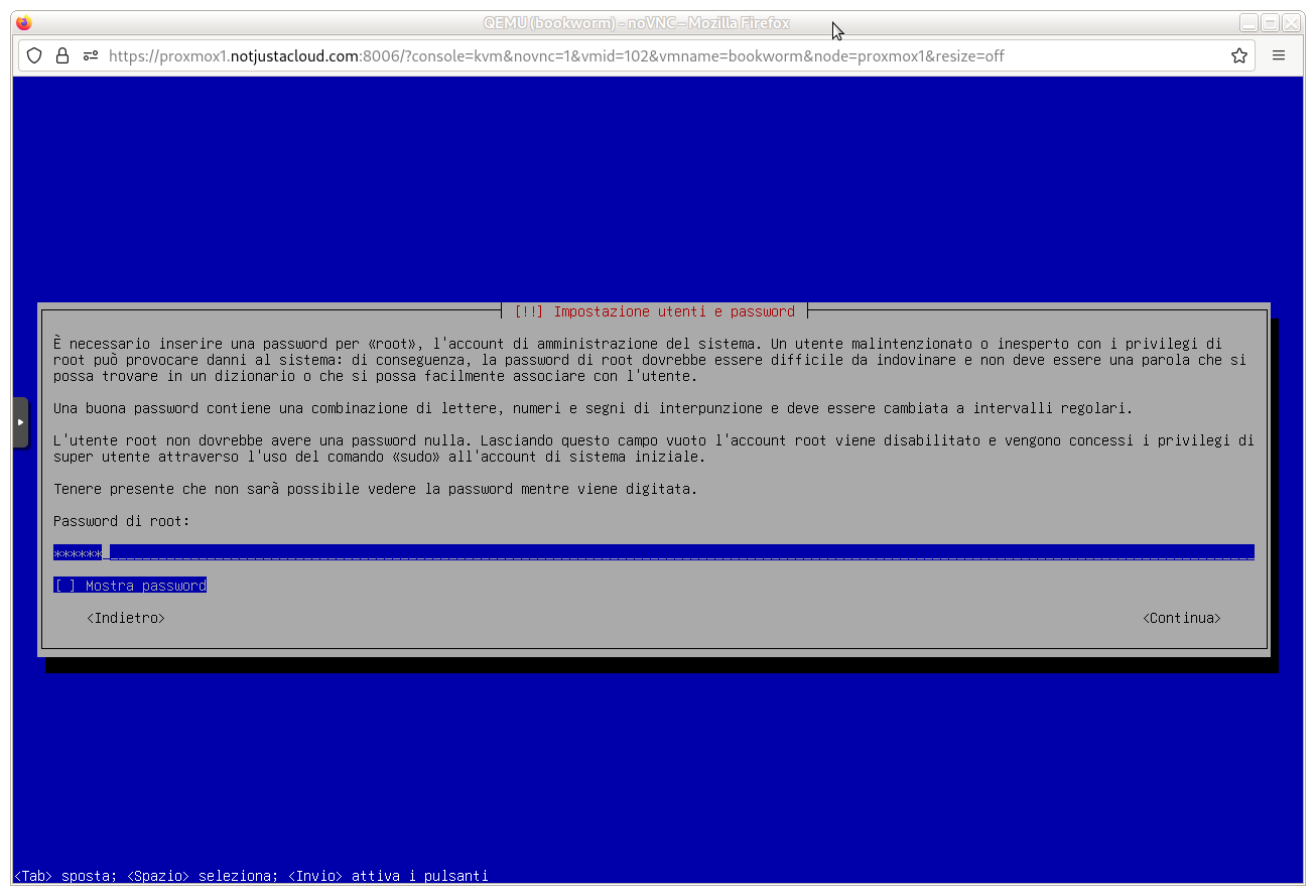 dodicesima schermata di configurazione, root password